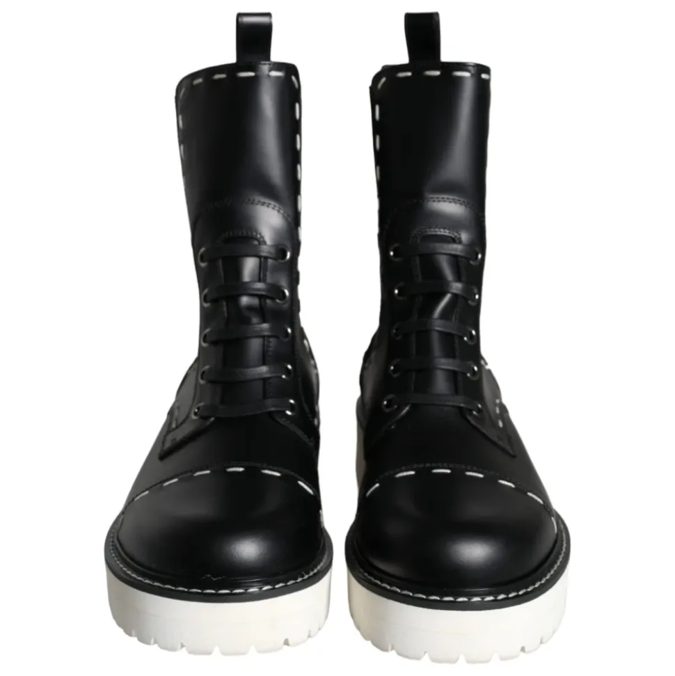 Bottes de combat mi-mollet en cuir noir
