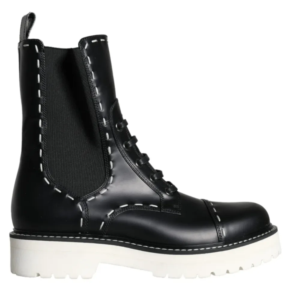 Bottes de combat mi-mollet en cuir noir