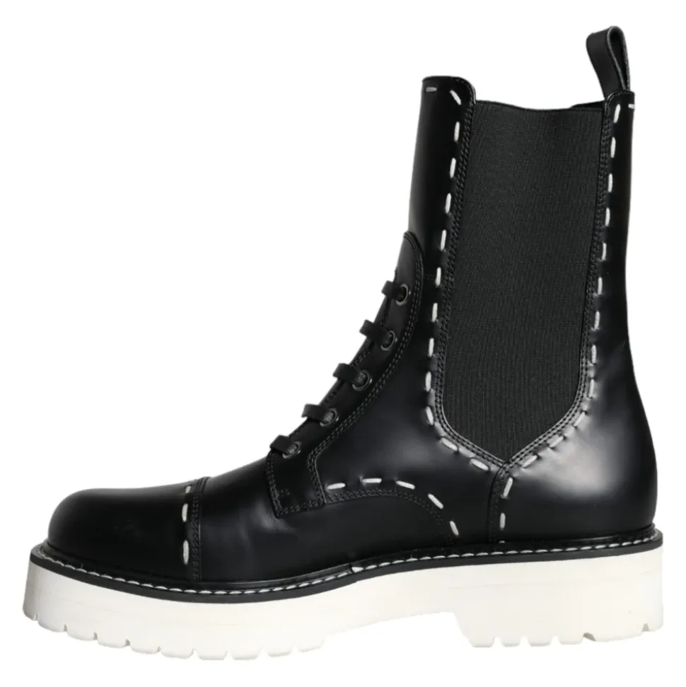 Bottes de combat mi-mollet en cuir noir