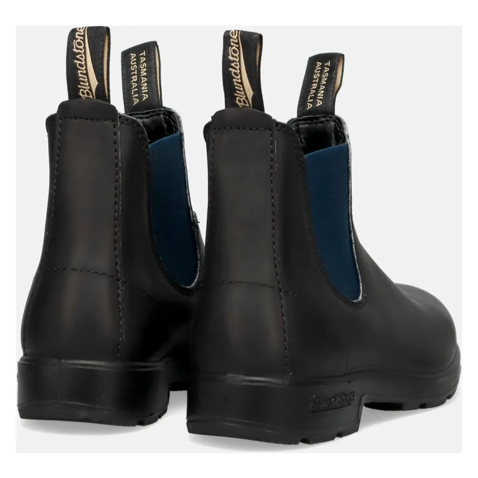 Bottines Chelsea en cuir noir avec élastiques latéraux bleu marine