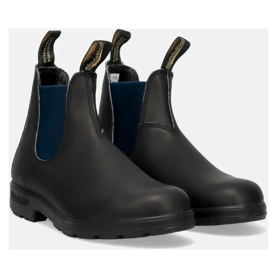 Bottines Chelsea en cuir noir avec élastiques latéraux bleu marine