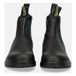 Bottines Chelsea en cuir noir avec élastiques latéraux bleu marine