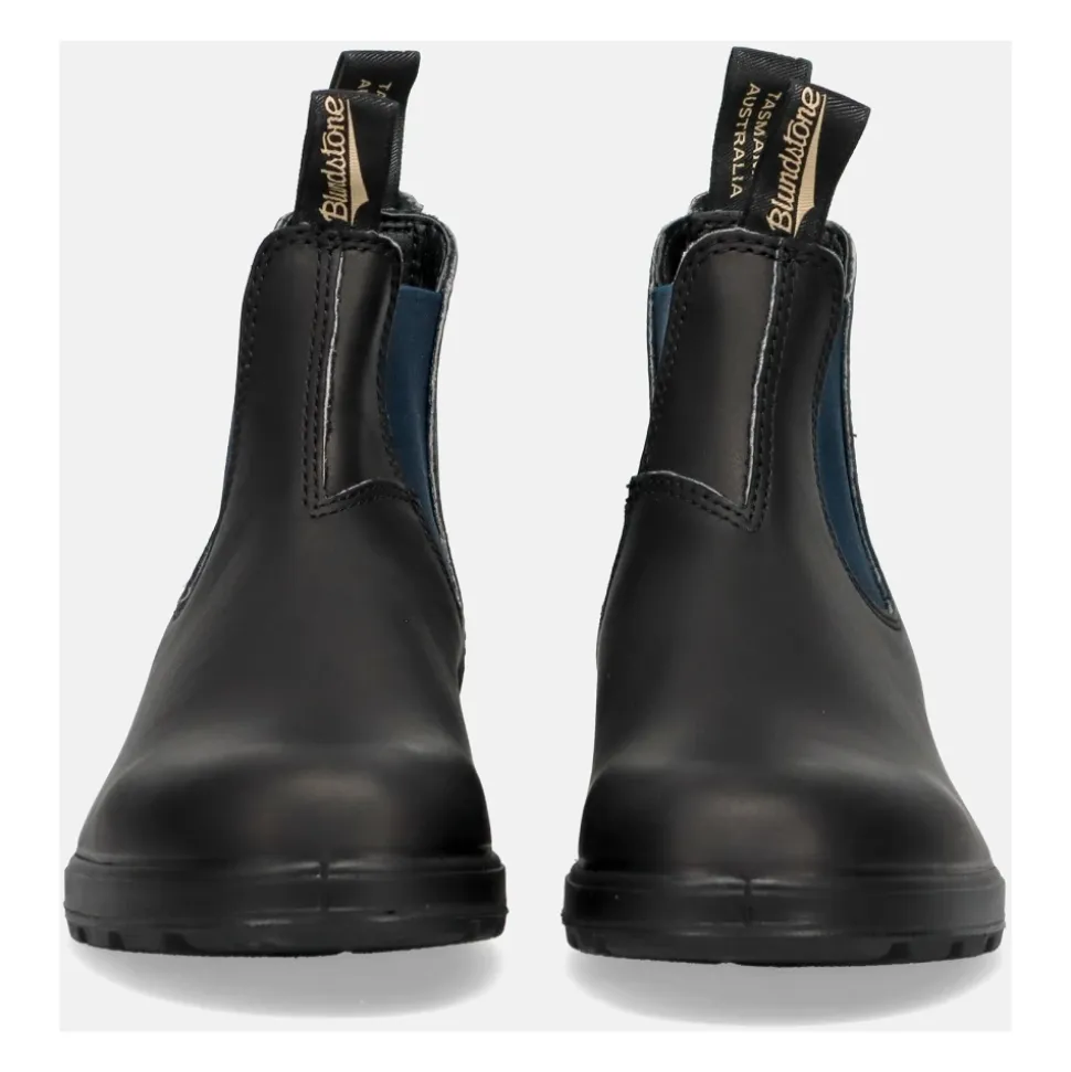 Bottines Chelsea en cuir noir avec élastiques latéraux bleu marine