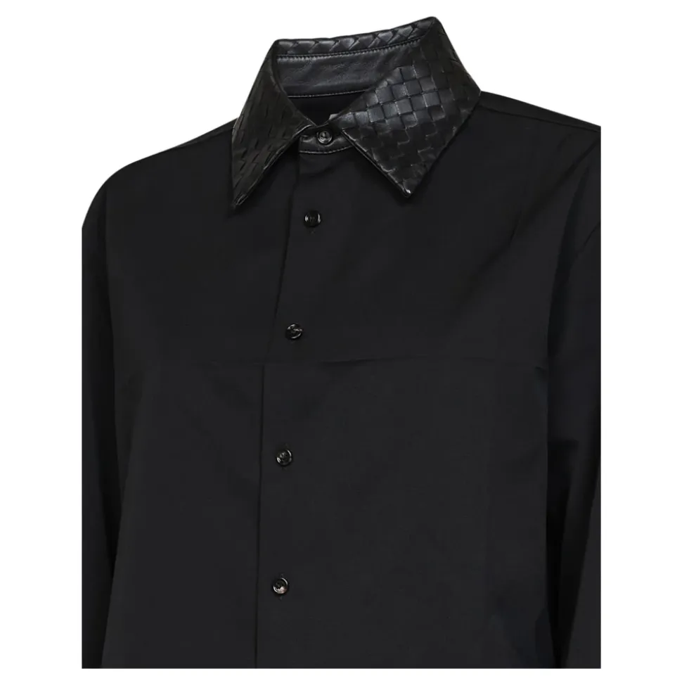 Chemise en Laine avec Col en Cuir Intrecciato
