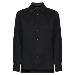 Chemise en Laine avec Col en Cuir Intrecciato