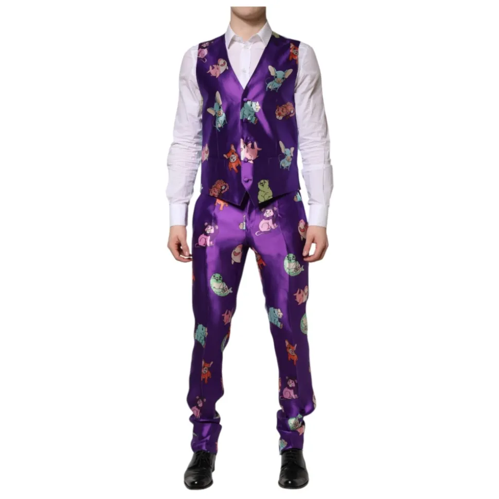 Costume en soie violette à imprimé animalier 3 pièces