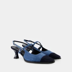 Escarpins bleus en coton avec bride cheville