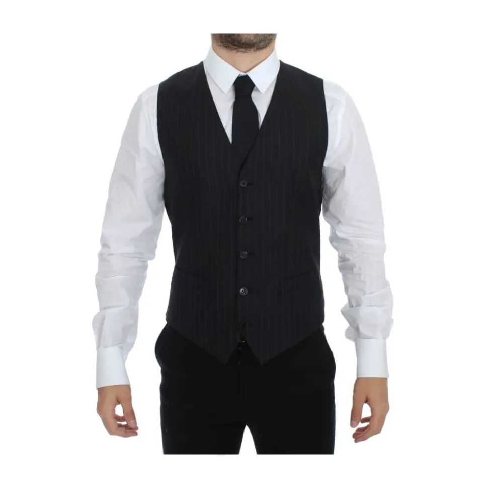 Gilet Robe en Laine et Soie Rayée Noire