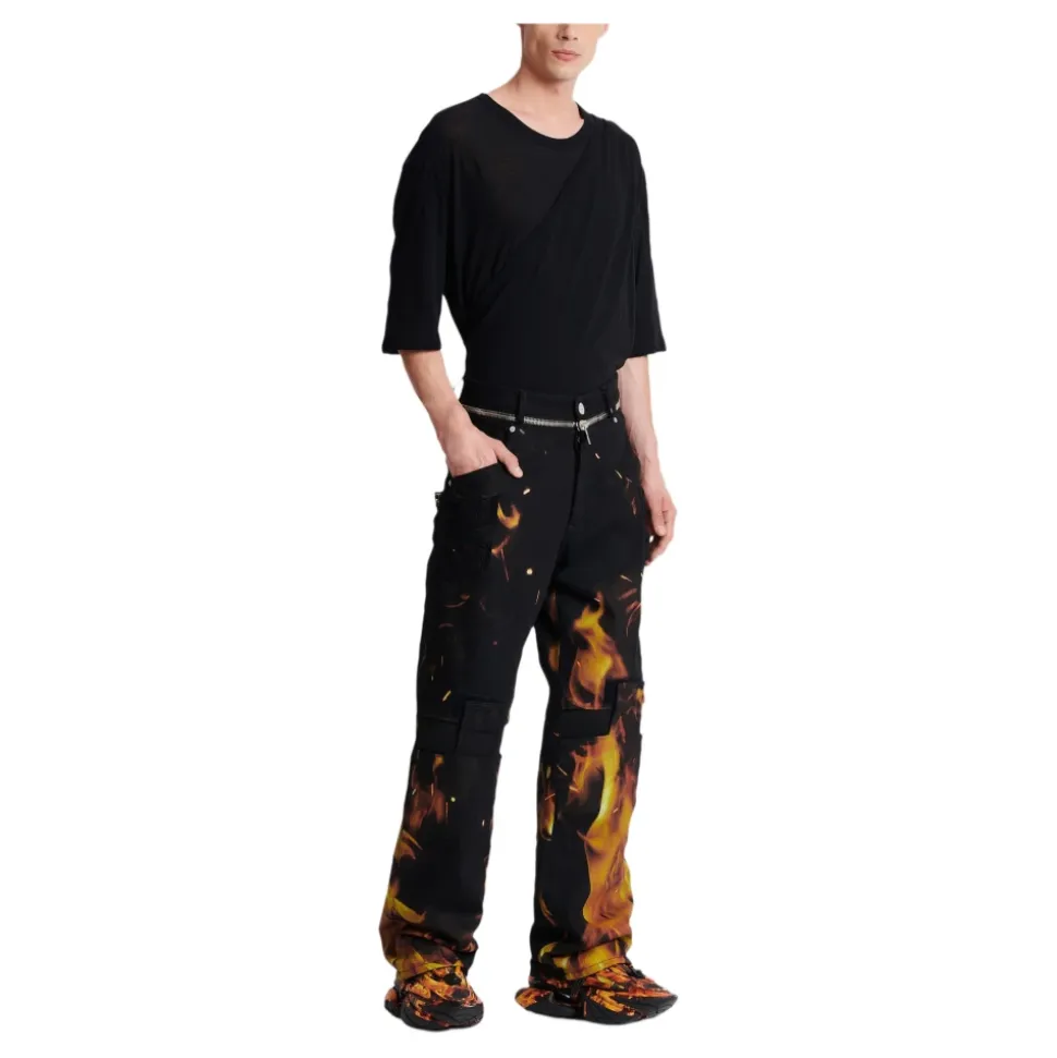Jeans Imprimé Flammes avec Inserts