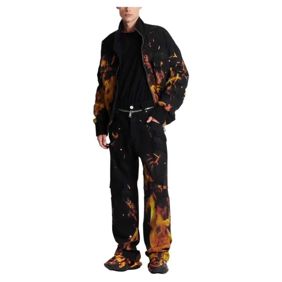 Jeans Imprimé Flammes avec Inserts