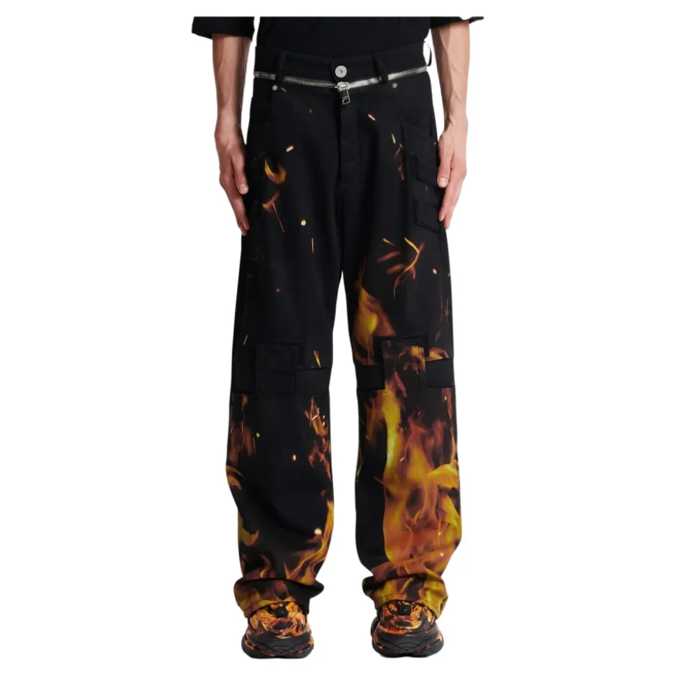 Jeans Imprimé Flammes avec Inserts