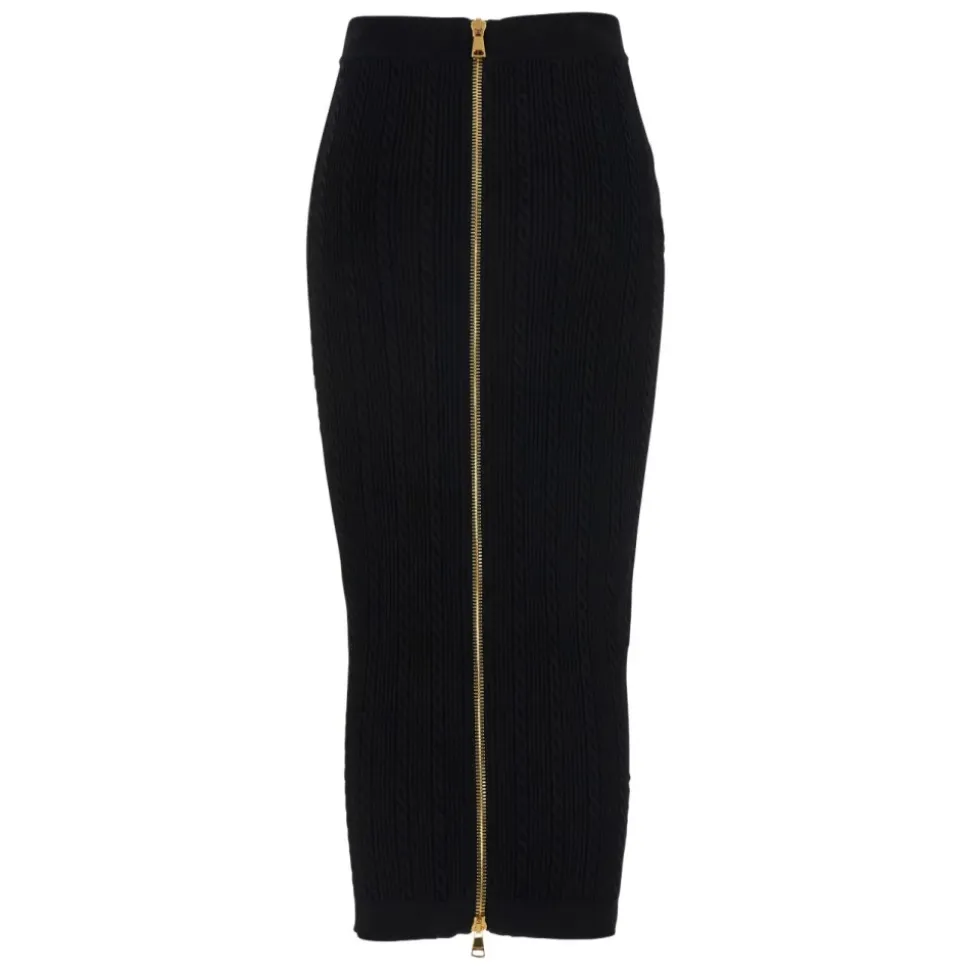 Jupe Midi Noire Côtelée avec Boutons