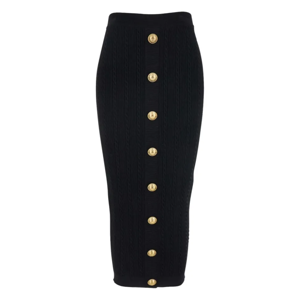 Jupe Midi Noire Côtelée avec Boutons