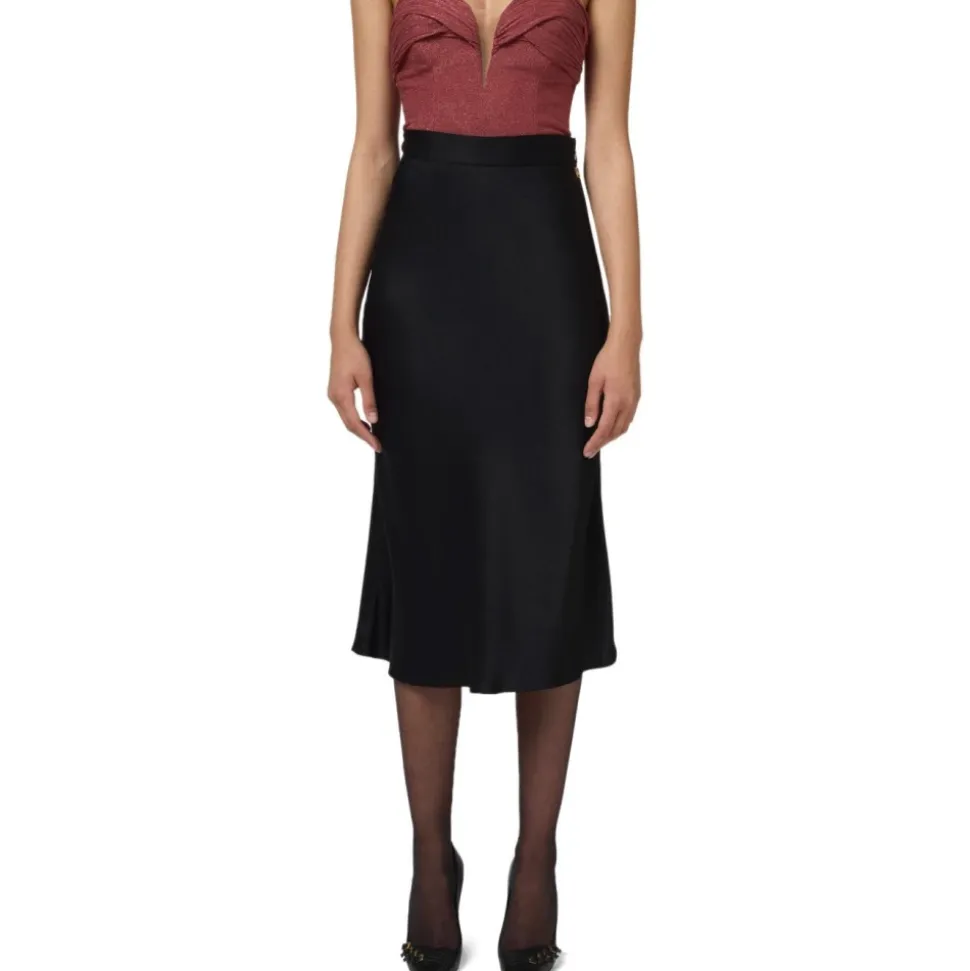 Jupe Midi Évasée en Satin Noir