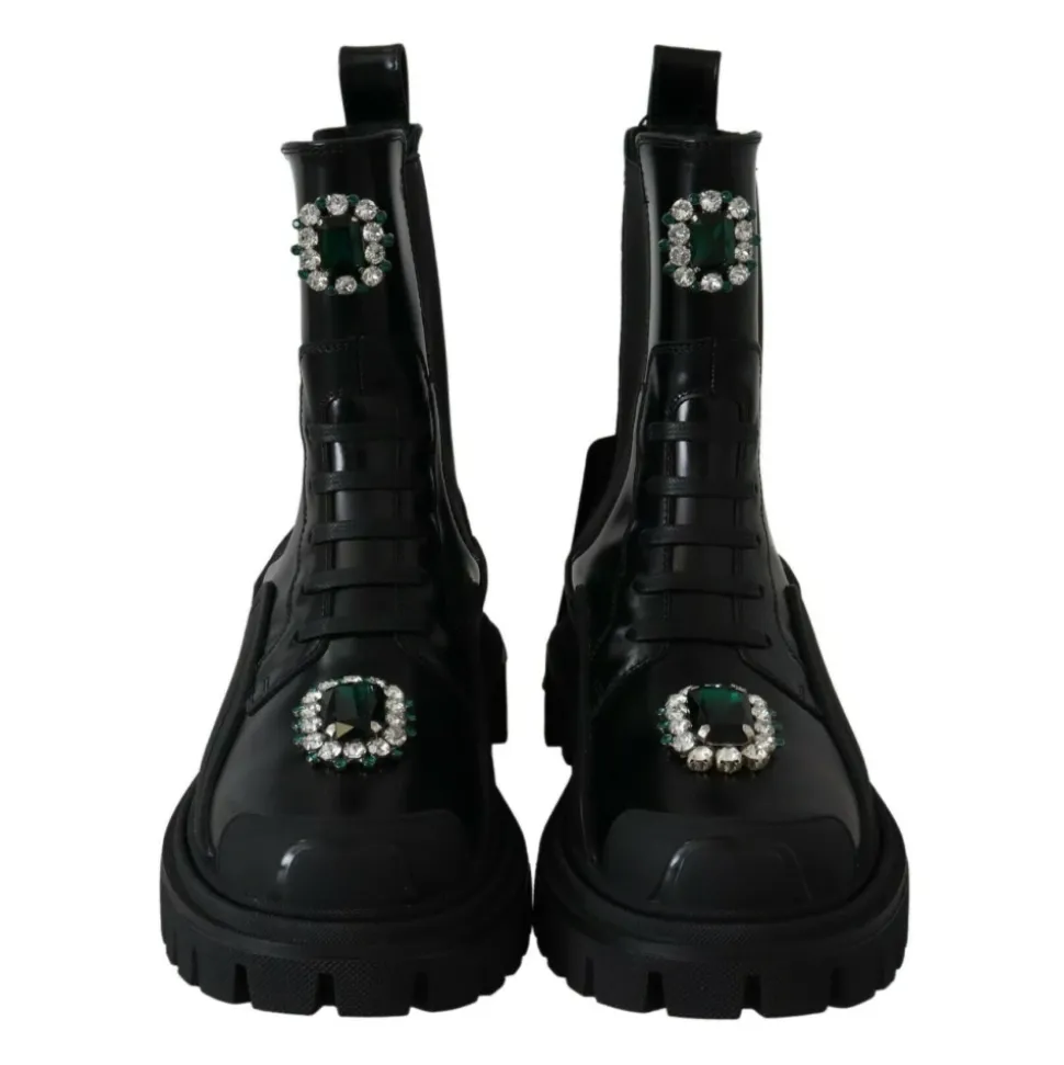 Leather Crystal Combat Boots