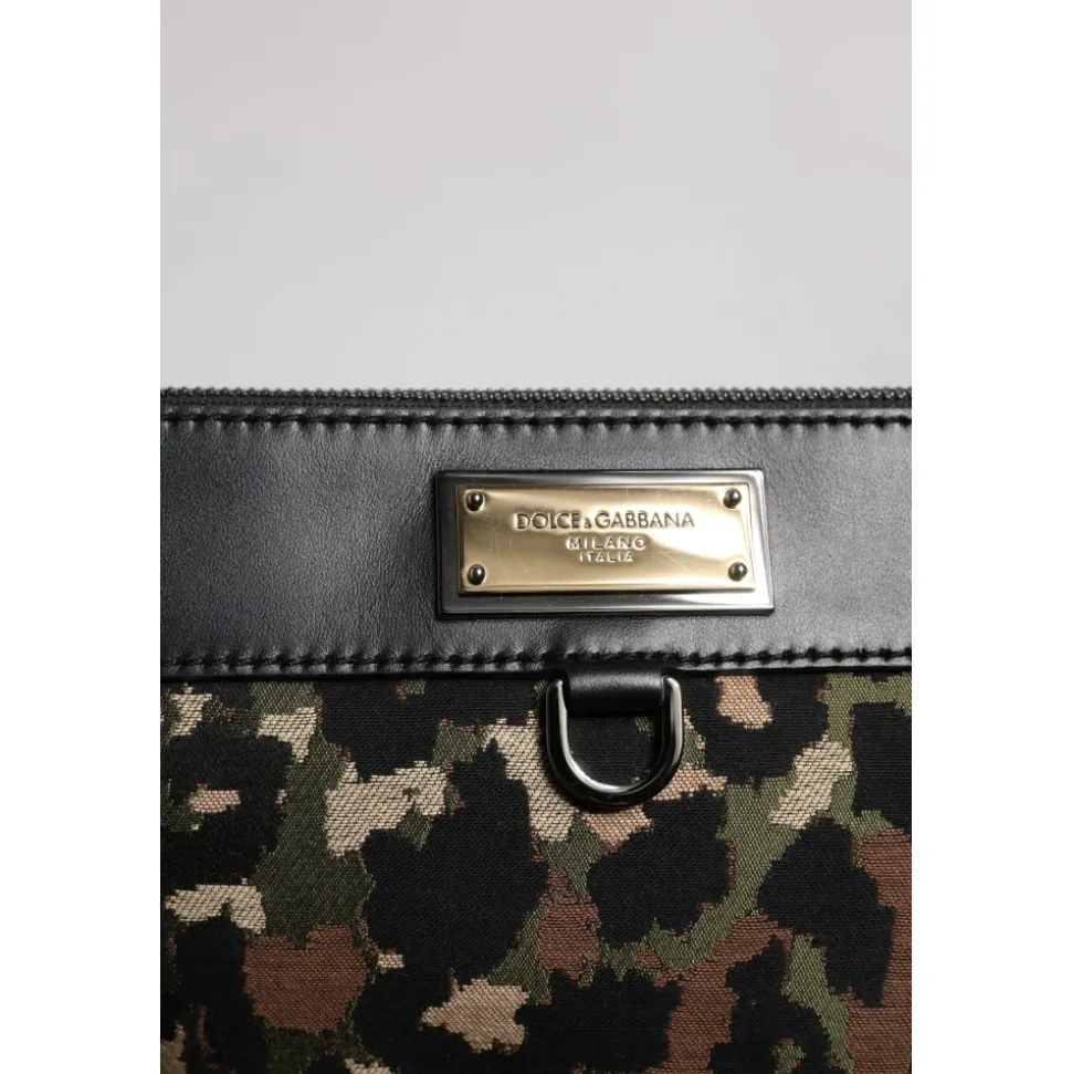 Leopard Jacquard Print Logo Plaque Pouch Bag