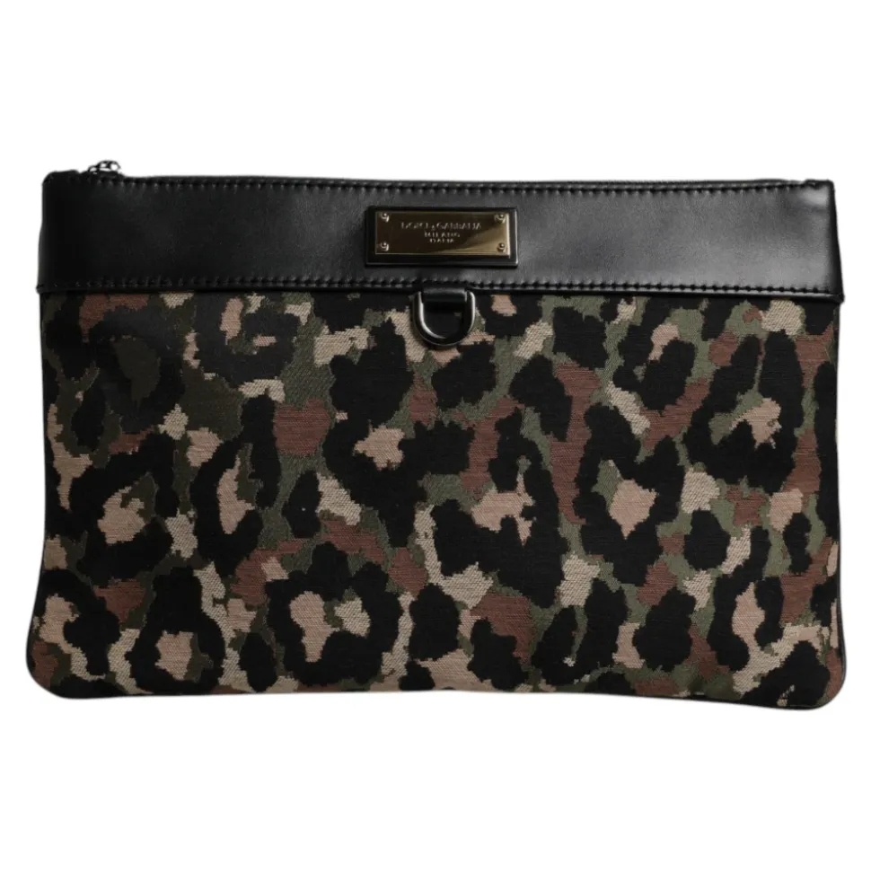 Leopard Jacquard Print Logo Plaque Pouch Bag