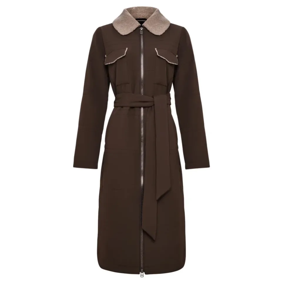 Long manteau ceinturé avec col en peau lainée