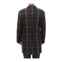 Manteau en Laine à Carreaux Gris à Double Boutonnage