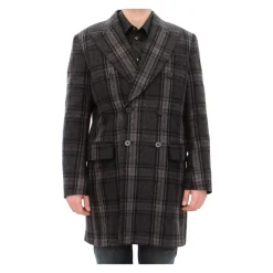Manteau en Laine à Carreaux Gris à Double Boutonnage