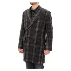 Manteau en Laine à Carreaux Gris à Double Boutonnage