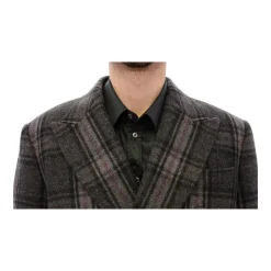 Manteau en Laine à Carreaux Gris à Double Boutonnage