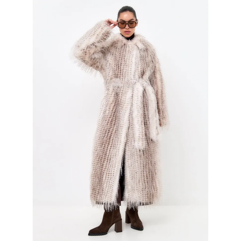 Manteau Long Ceinturé en Fausse Fourrure