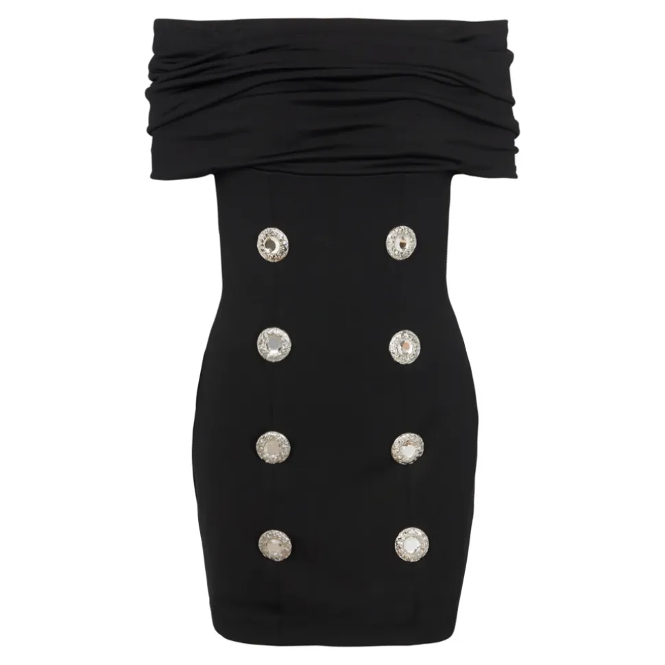 Mini-robe en jersey froncé ornée à épaules dénudées Balmain