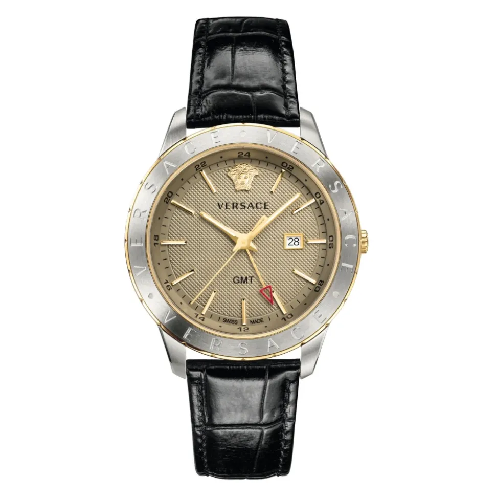 Montre Homme Cuir Noir Or Argent GMT