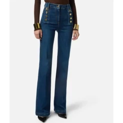 Pantalon Palazzo en Denim avec Boutons Dorés