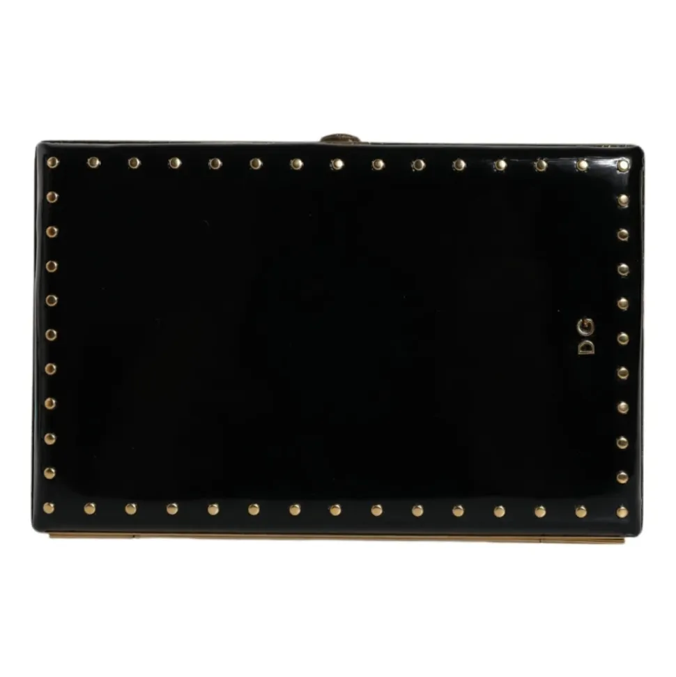 Pochette en cuir noir à clous dorés