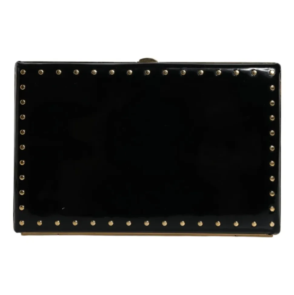 Pochette en cuir noir à clous dorés