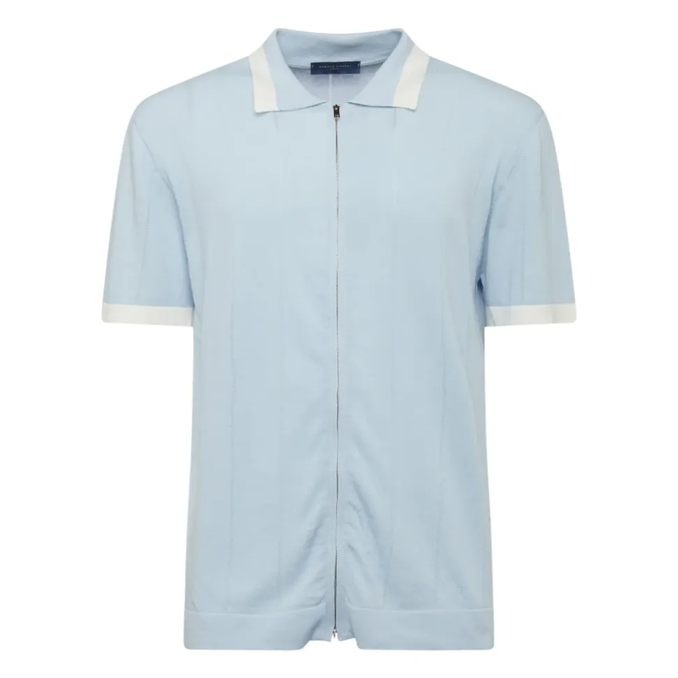Polo en Maille à Zip Ciel Bleu