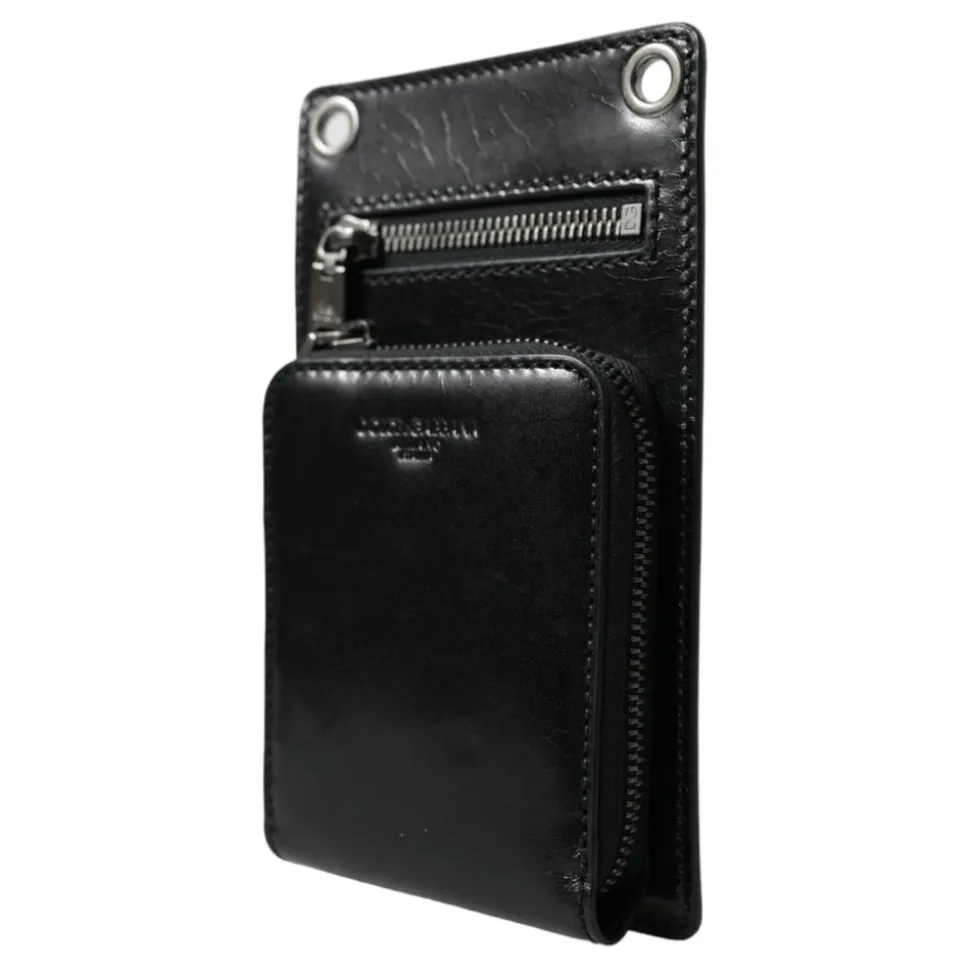 Portefeuille en Cuir Noir avec Logo et Bandoulière