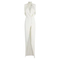 Robe de Soirée en Crêpe avec Revers en Satin et Fente Latérale