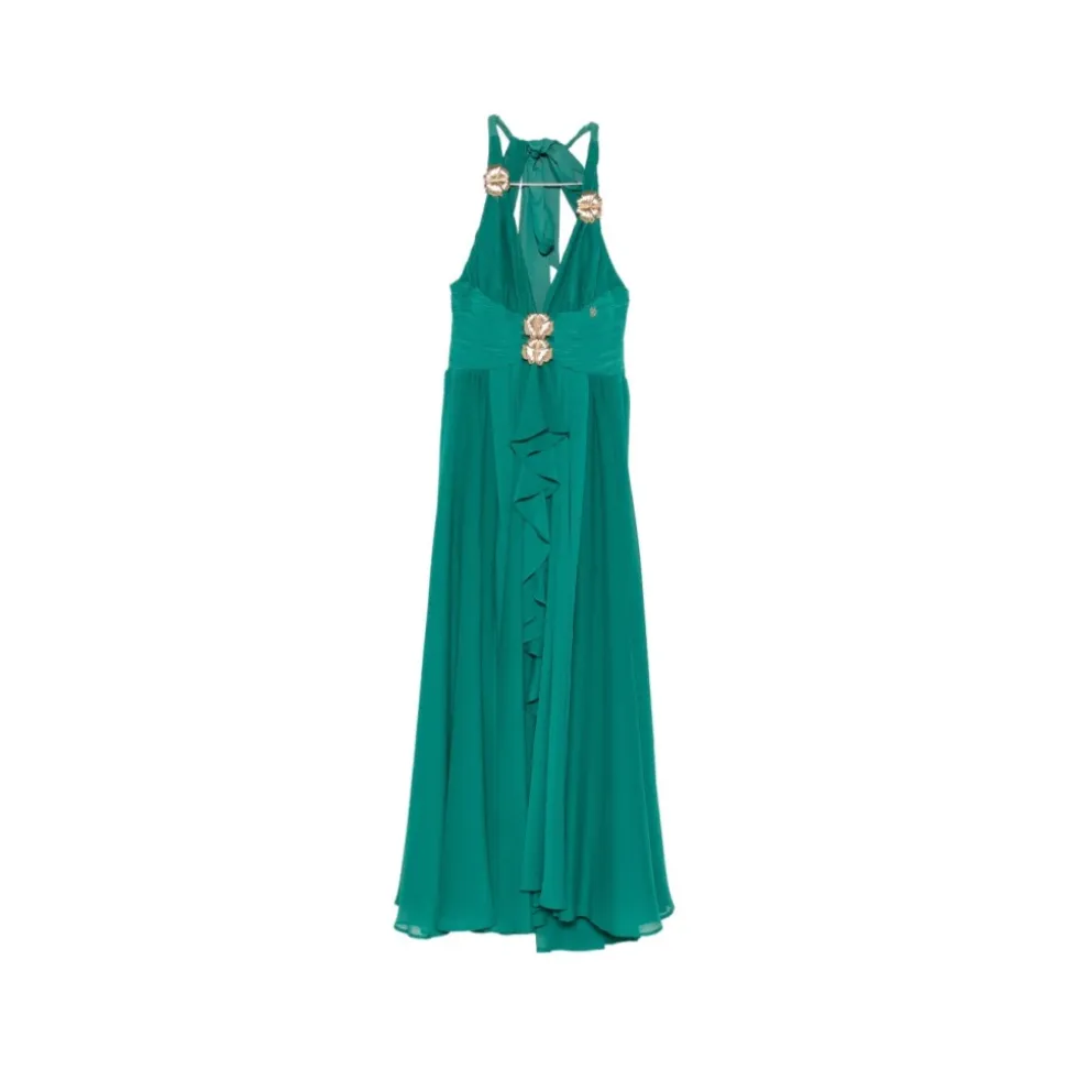 Robe Longue à Fleurs Appliquées et Col Halter