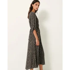 Robe Midi Fluide à Col en V et Imprimé Unique