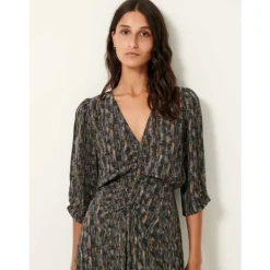 Robe Midi Fluide à Col en V et Imprimé Unique