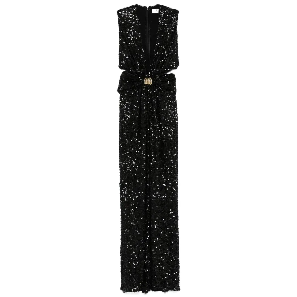 Robe Noire Sans Manches à Col V et Détails Découpés