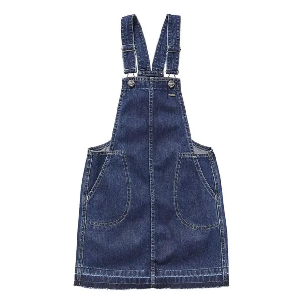 Robe tablier en denim bleu avec ourlet effiloché