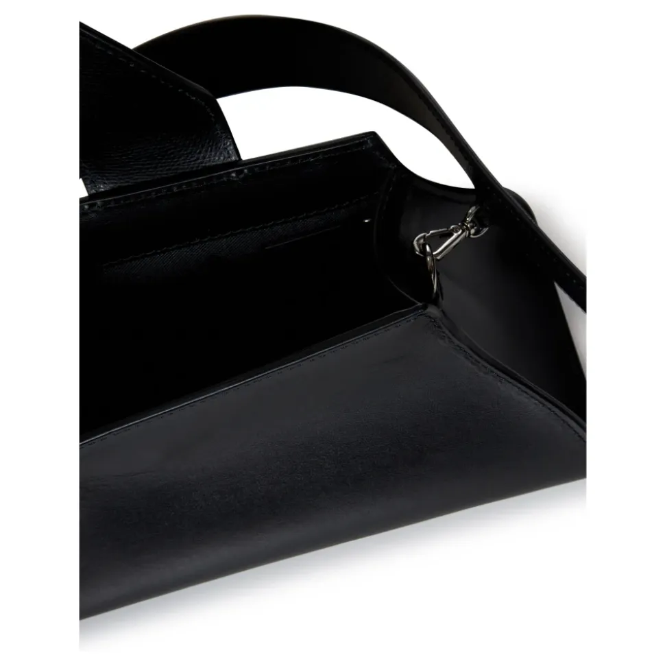 Sac en cuir noir avec rabat asymétrique et logo en argent nickelé