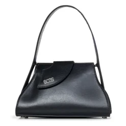Sac en cuir noir avec rabat asymétrique et logo en argent nickelé