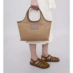 Sac fourre-tout en toile de coton avec découpes en cuir de vachette