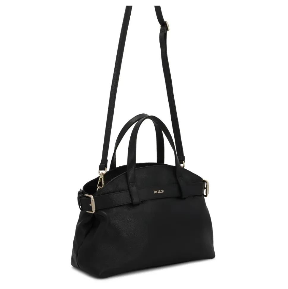 Sac à main en cuir noir avec sangle décorative et intérieur fonctionnel
