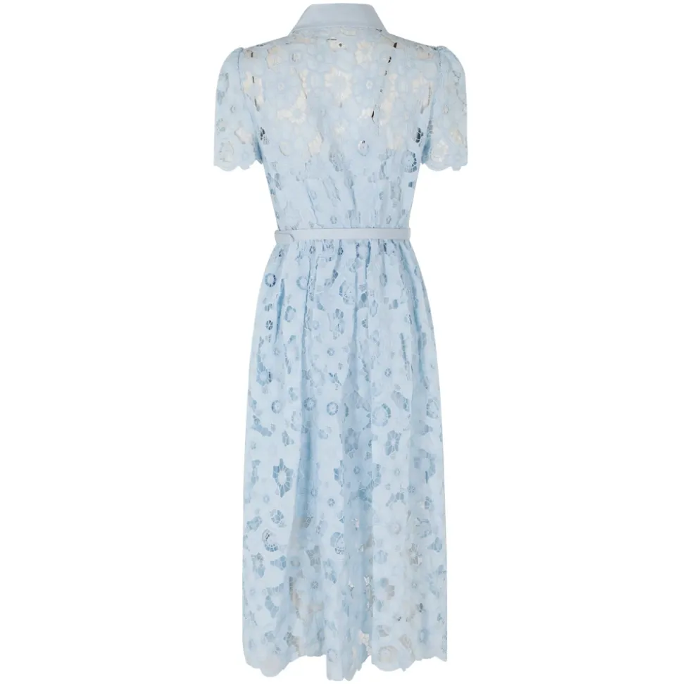 Short Sleeve Collared Belted Lace Midi Dress