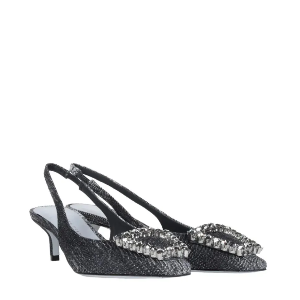 Slingback en denim noir avec accessoire en cristal