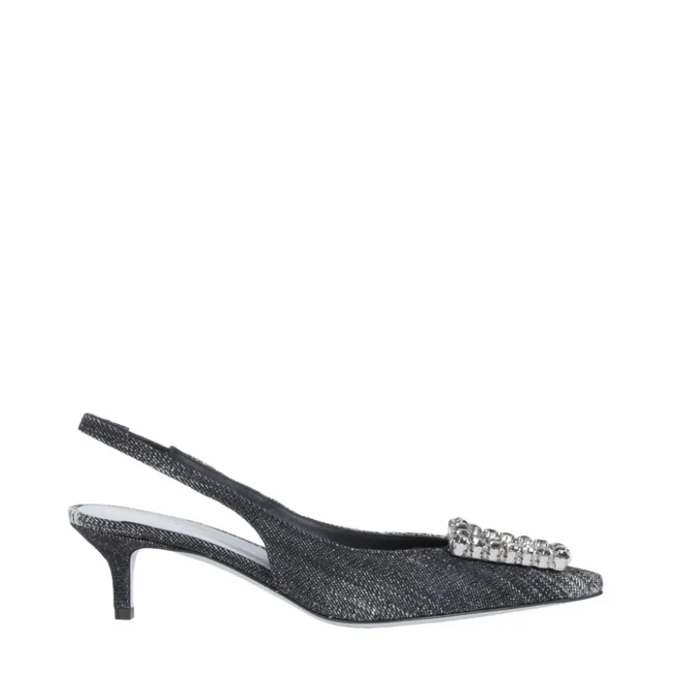 Slingback en denim noir avec accessoire en cristal