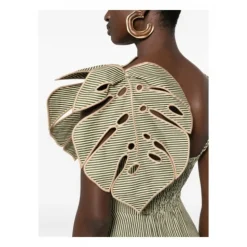 Striped Monstera Leaf Midi Dress
