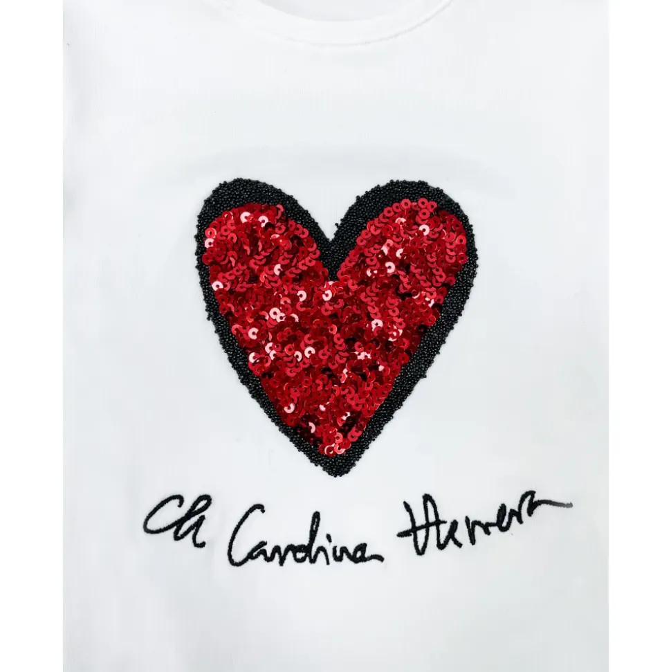 T-shirt Blanc en Coton avec Cœur à Sequins