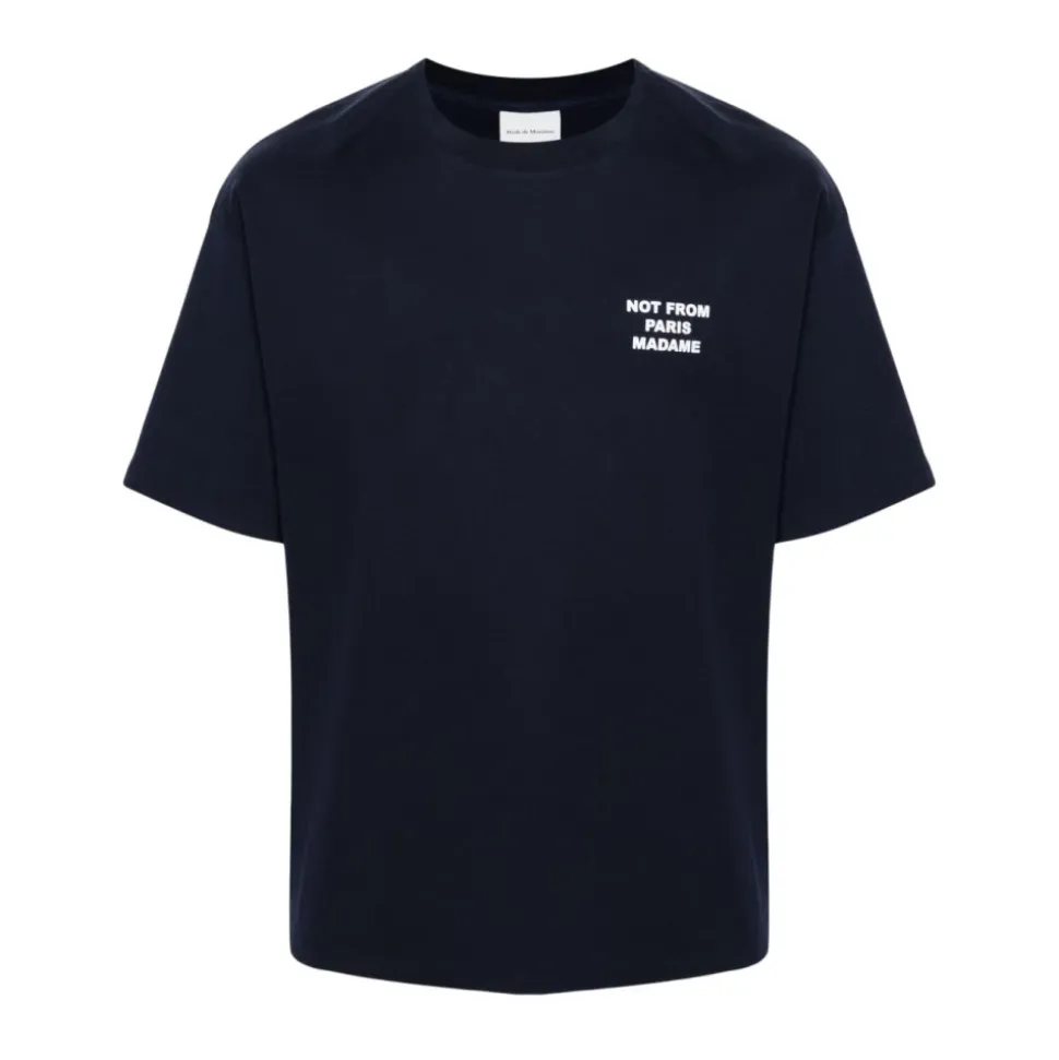 T-shirt Bleu à Slogan et Col Rond